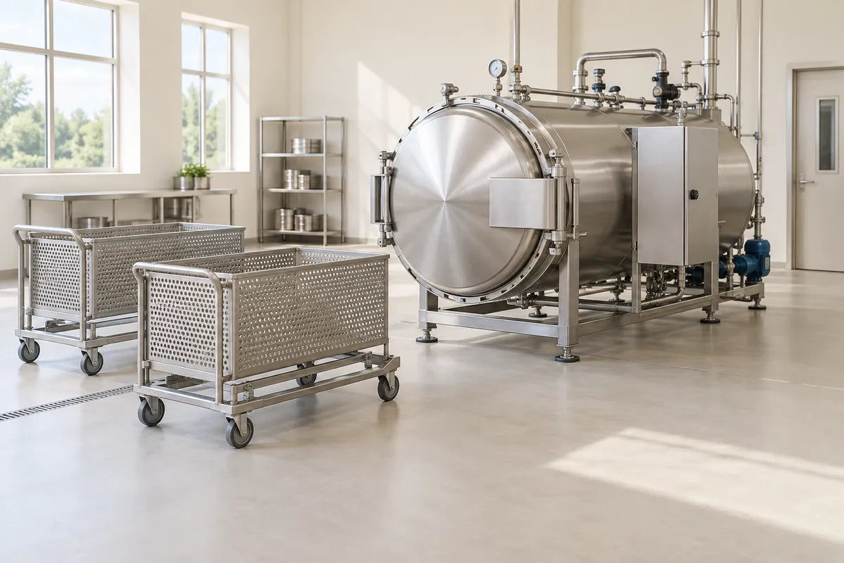 Ambiente ilustrativo de sala de proceso con autoclave horizontal y carros de canastillas