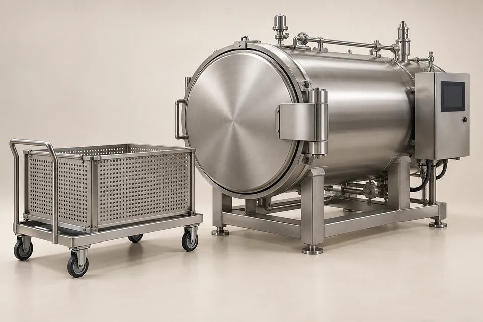 Ilustración de autoclave horizontal cerrada con canastilla sobre carro de carga