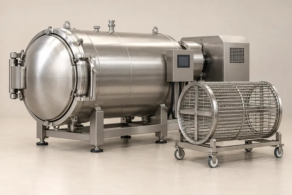 Ilustración de autoclave rotativa cerrada con accionamiento protegido y jaula de carga aparte