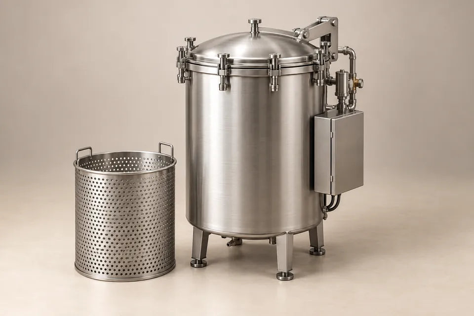 Ilustración de autoclave vertical con tapa superior cerrada y canastilla cilíndrica aparte