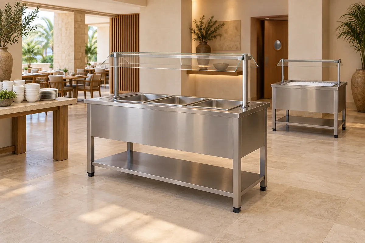 Ambiente ilustrativo de buffet de hotel con estaciones de acero inoxidable y pasillos libres