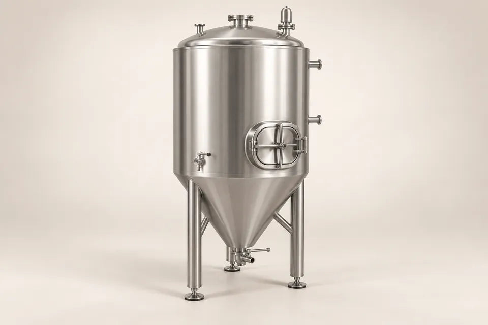 Fermentador cónico de acero inoxidable ilustrativo con camisa y descarga inferior