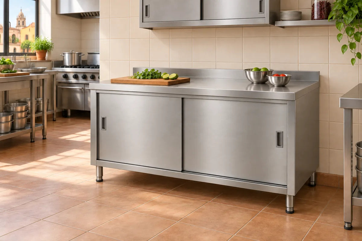 Gabinete de piso con puertas corredizas en cocina, ambiente ilustrativo