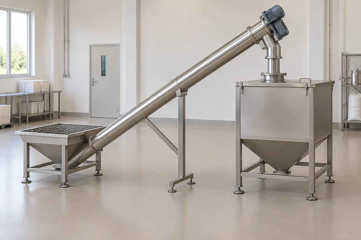 Ambiente ilustrativo con transportador helicoidal inclinado y recipiente cerrado de recepción