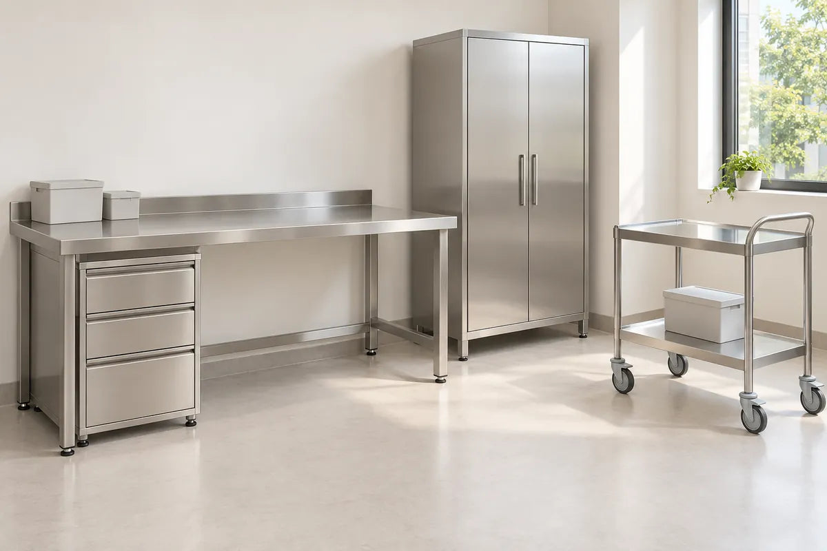 Ambiente ilustrativo de laboratorio con mesa inoxidable, gabinete de material y carro de apoyo