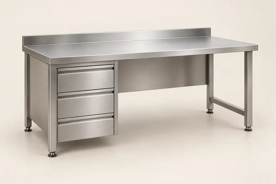 Mesa de laboratorio ilustrativa de acero inoxidable con cajonera y espacio libre para trabajar sentado