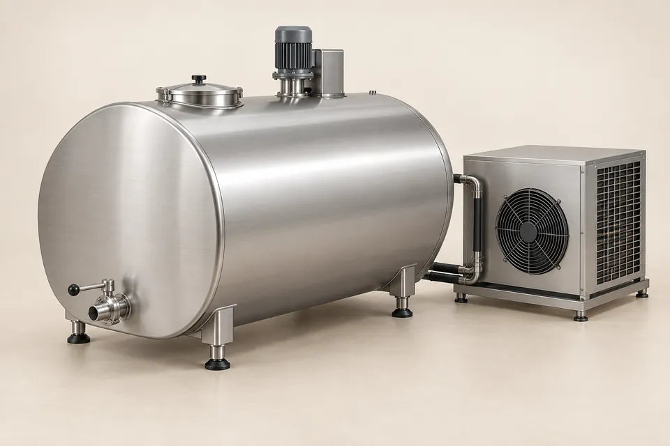 Tanque enfriador de leche horizontal ilustrativo con registro superior y unidad de refrigeración