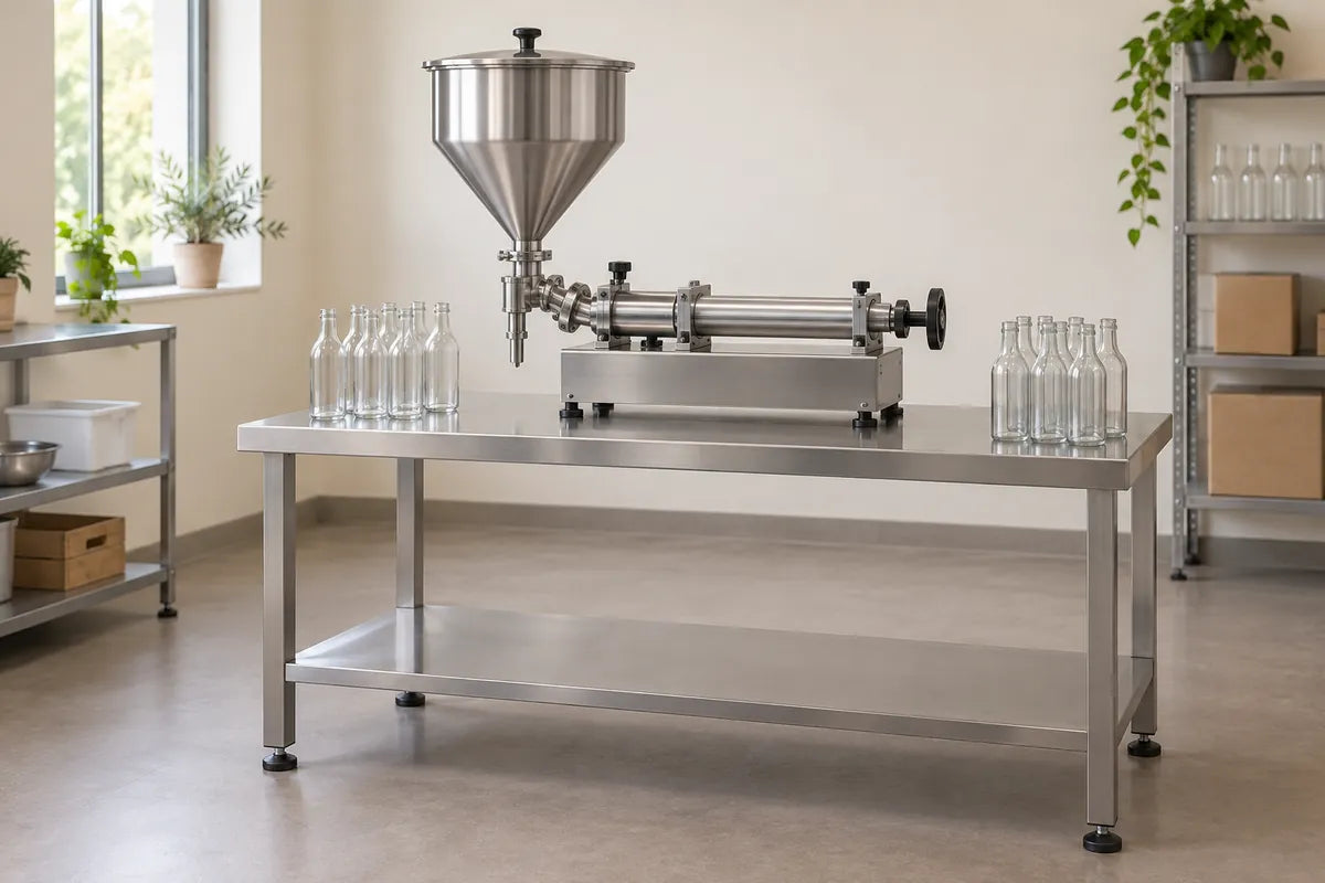 Ambiente ilustrativo con llenadora de mesa y botellas sin etiqueta en área de envasado