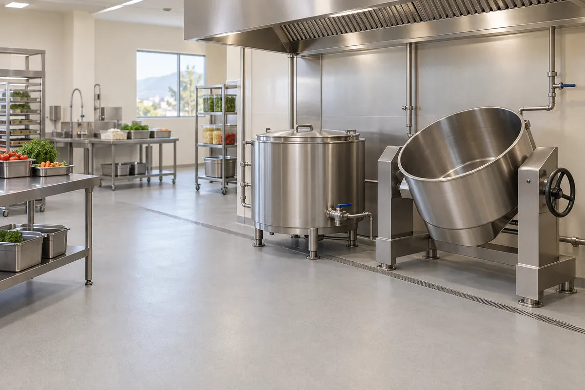 Ambiente ilustrativo de cocina central con marmita fija y basculante