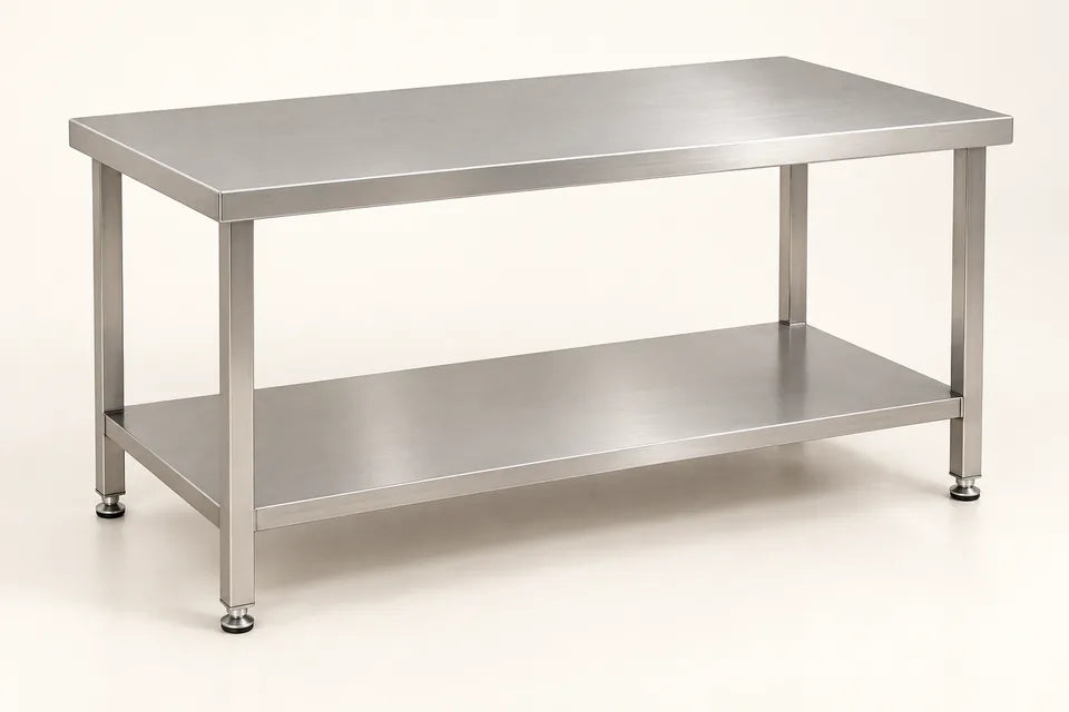 Ilustración de mesa central con entrepaño de acero inoxidable