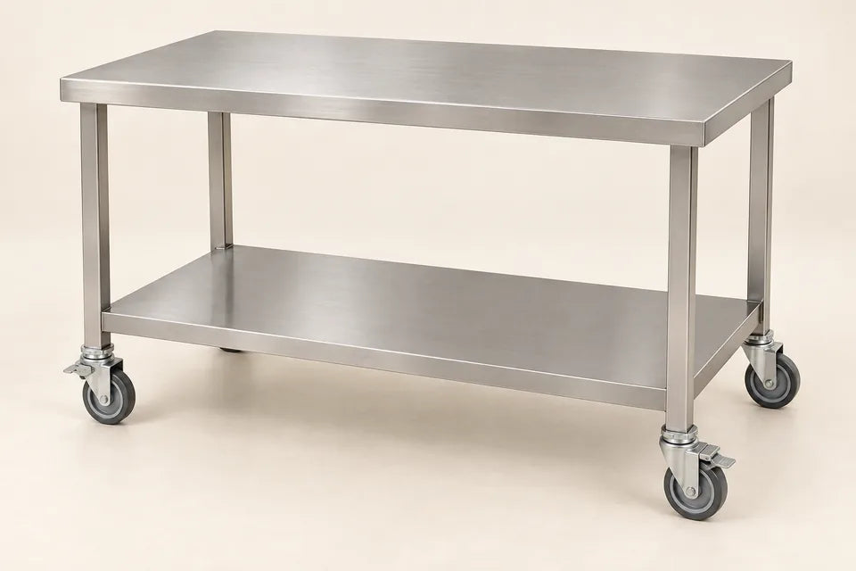 Ilustración de mesa de trabajo con ruedas de acero inoxidable