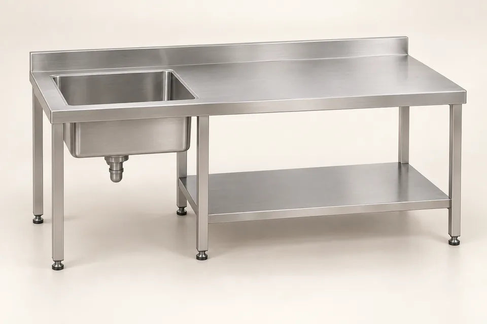 Ilustración de mesa con tarja integrada de acero inoxidable