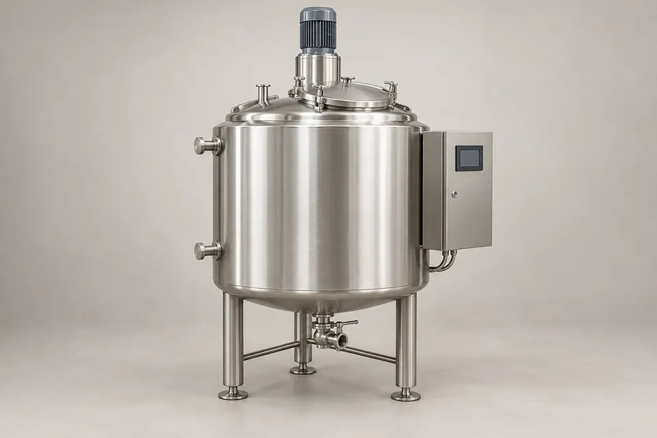 Ilustración de pasteurizador por lotes con chaqueta, agitación y control