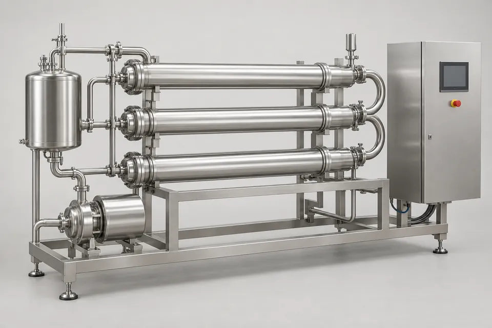 Ilustración de pasteurizador continuo con módulos de intercambio tubular