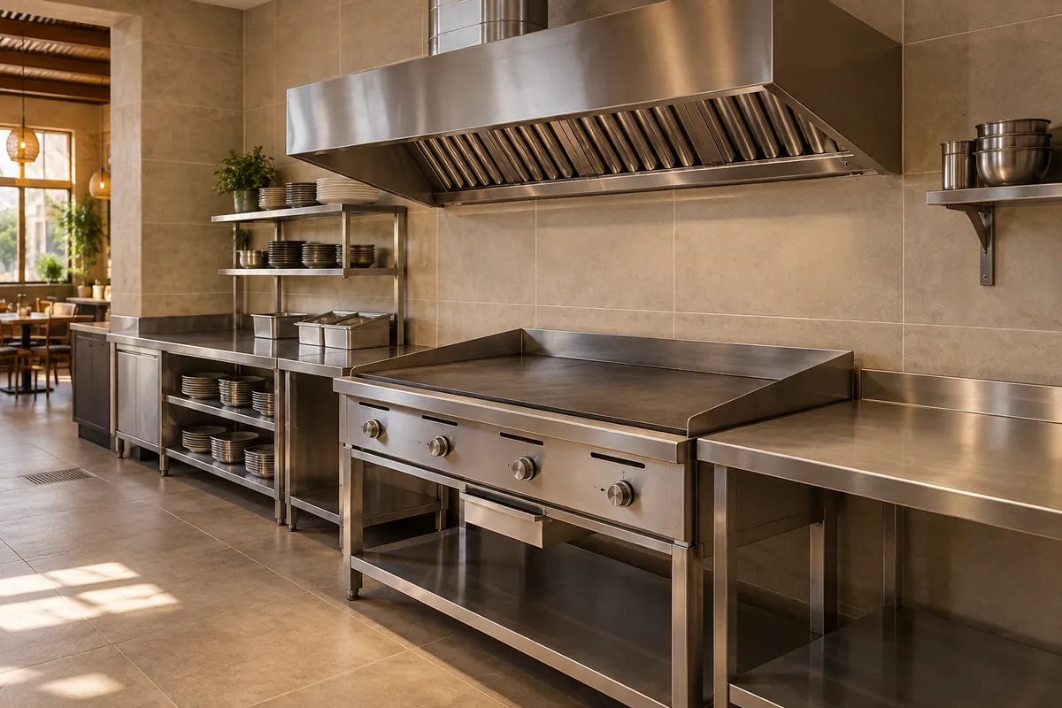 Ambiente ilustrativo de cocina con plancha y campana extractora sobre línea de acero inoxidable
