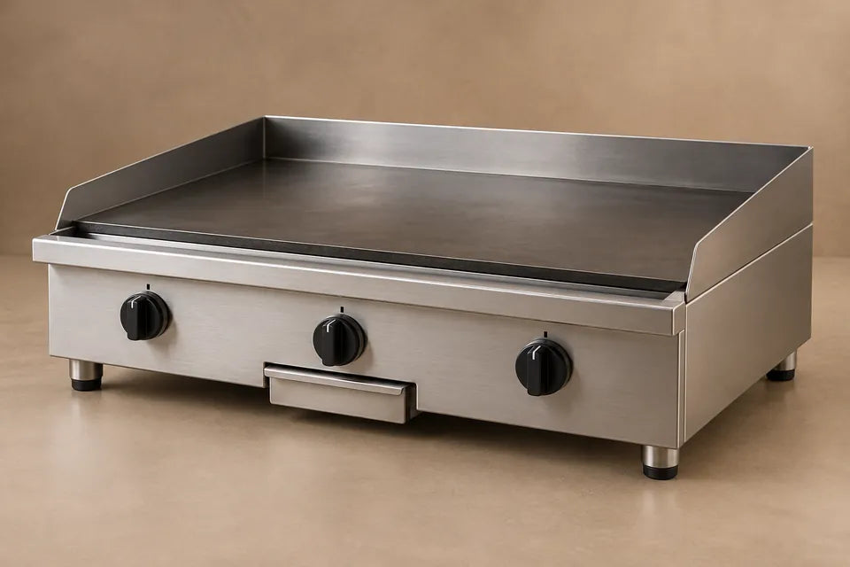 Configuración ilustrativa de plancha de mesa con cuerpo inoxidable y superficie de cocción de acero