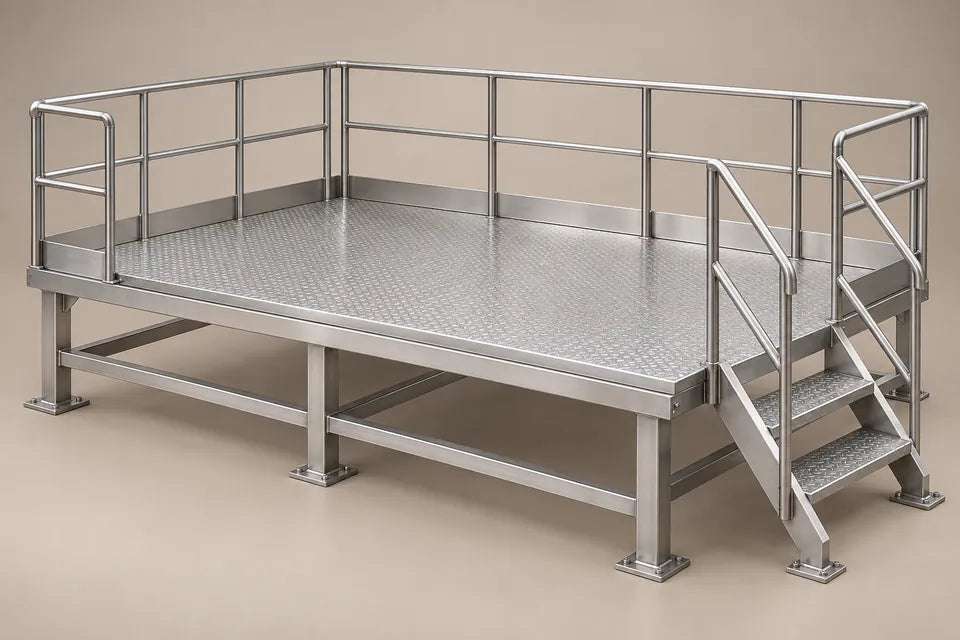 Configuración ilustrativa de plataforma inoxidable con acceso y barandales