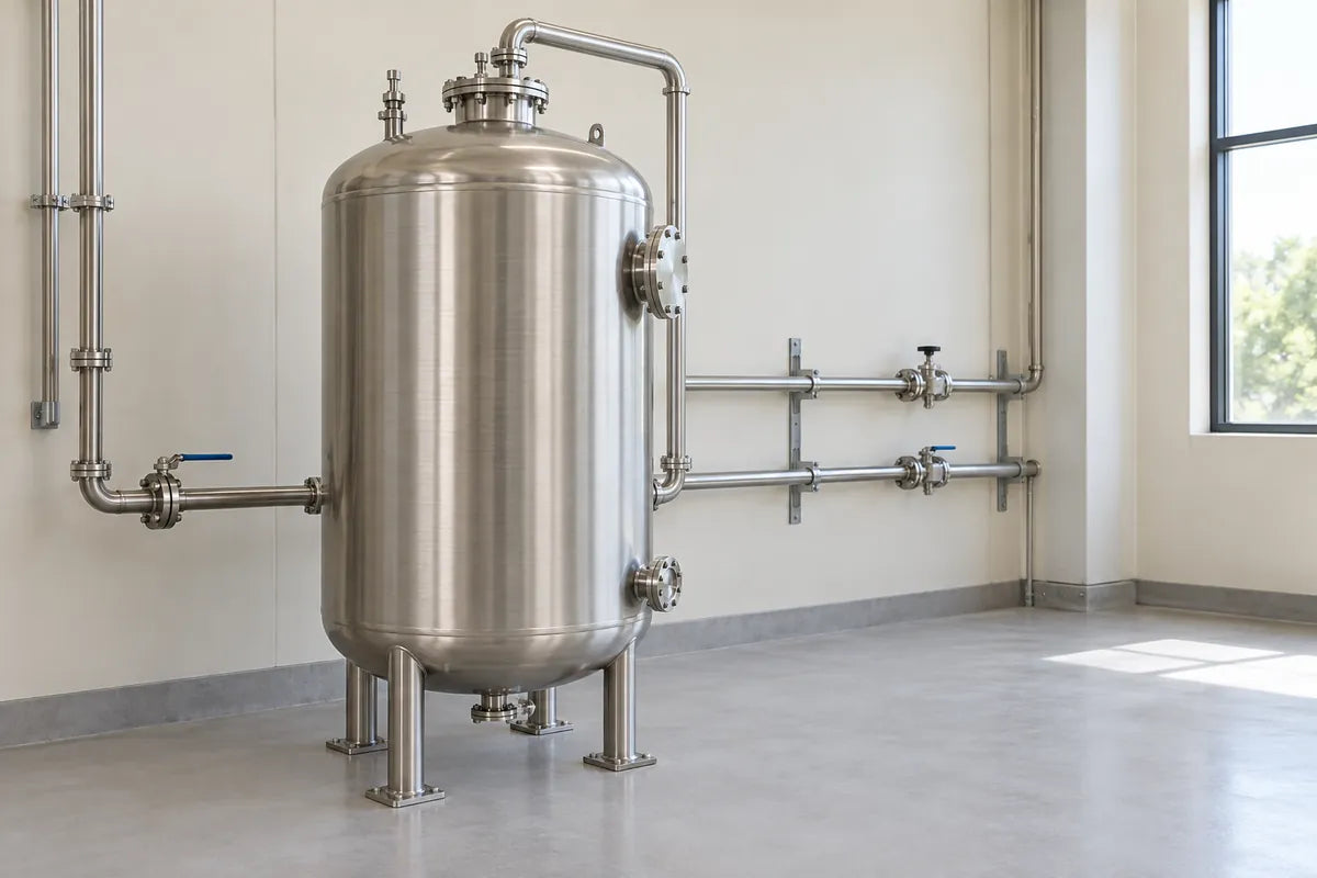 Ambiente ilustrativo de recipiente vertical en una sala industrial con acceso libre y tuberías