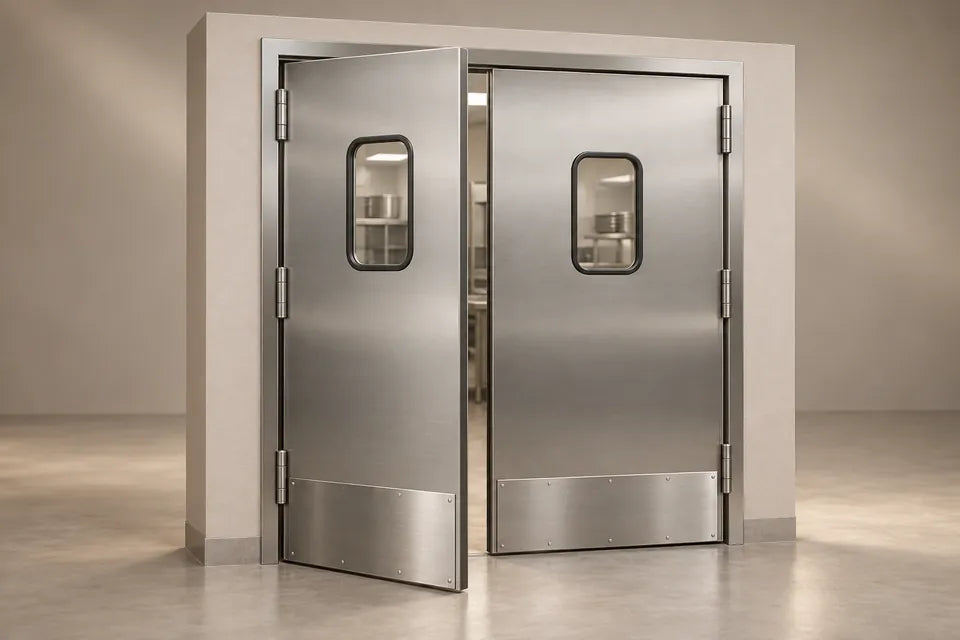 Configuración ilustrativa de puerta vaivén inoxidable de doble hoja