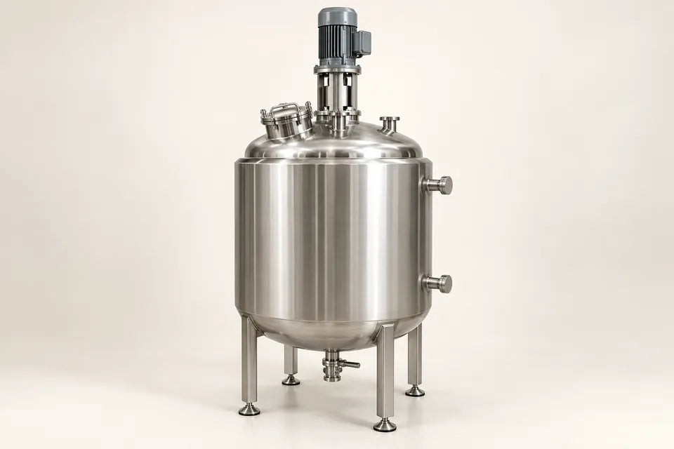 Ilustración de reactor vertical de acero inoxidable con agitador superior y chaqueta exterior