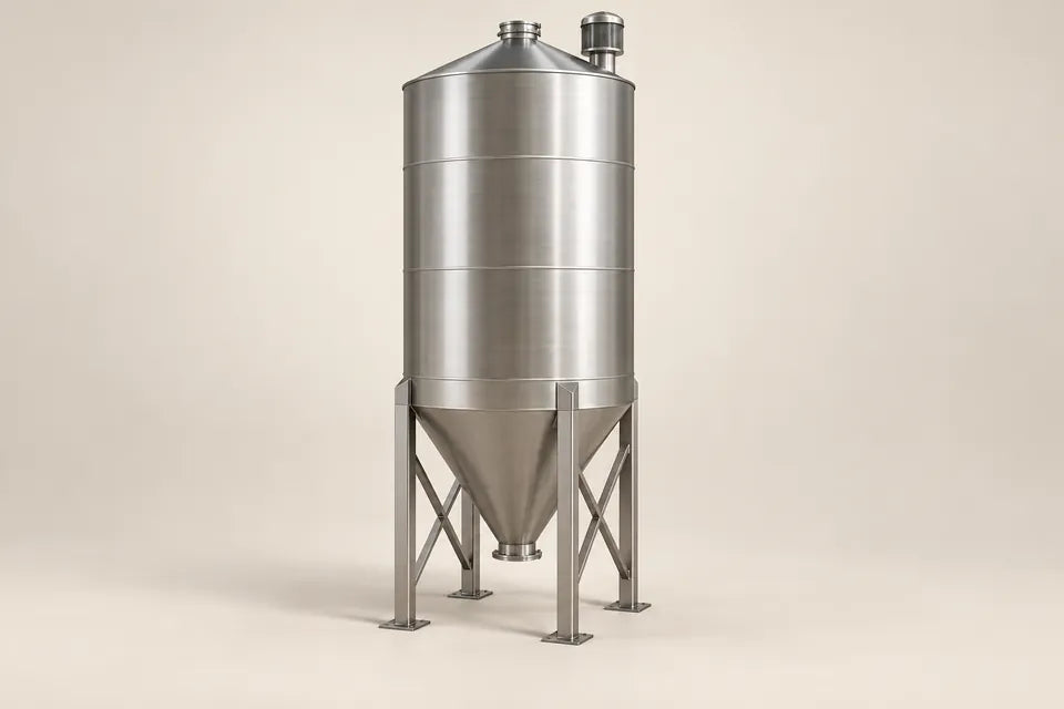 Silo cilíndrico de acero inoxidable ilustrativo con fondo cónico y estructura de soporte