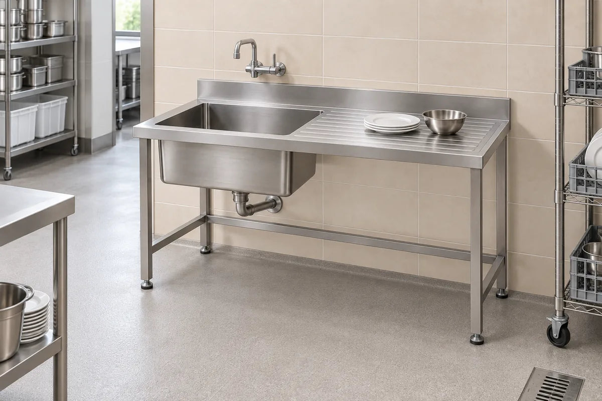 Visualización de tarja de una tina con escurridor en una cocina comercial